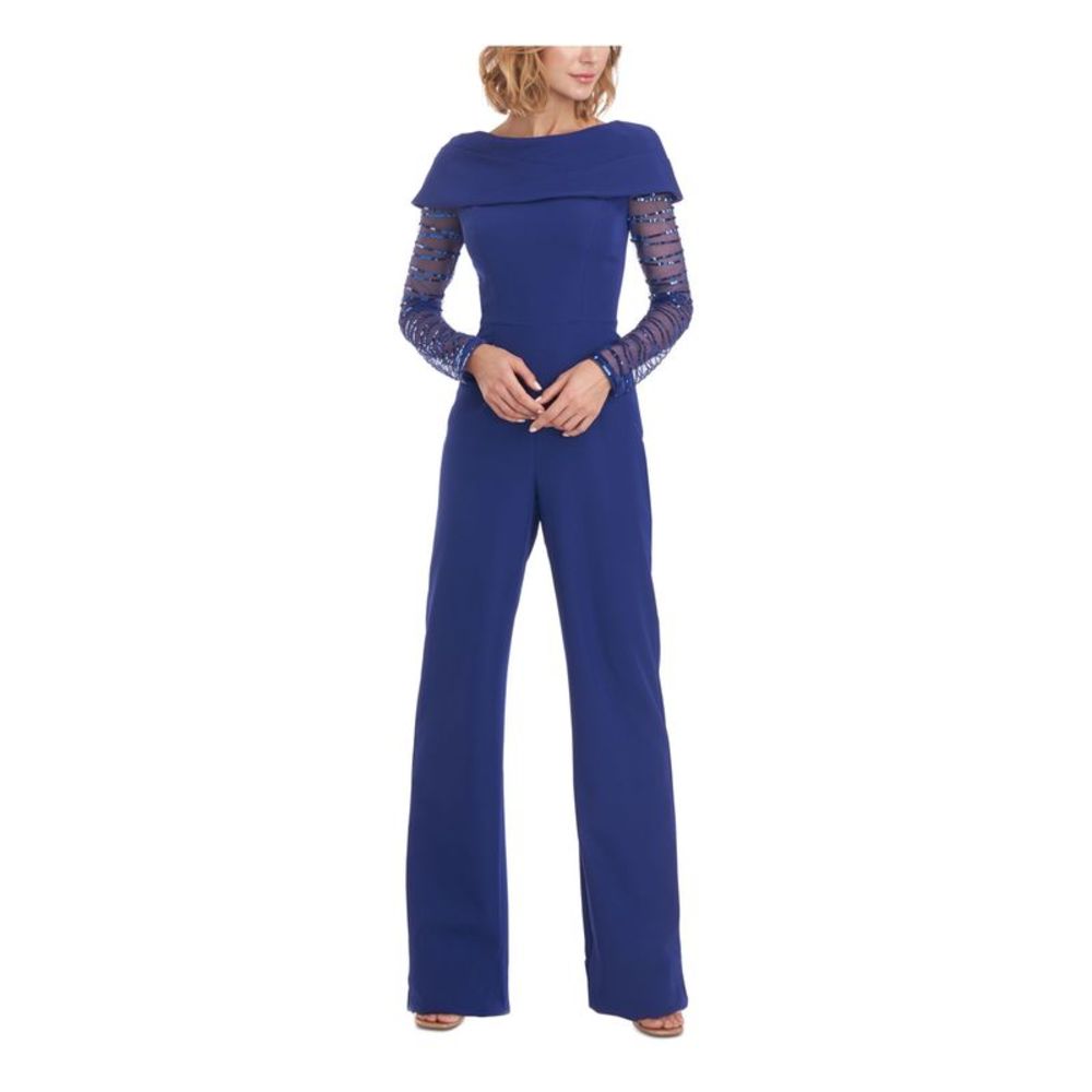 JS COLLECTION Womens Navy Illusion Long Sleeves Party Wide Leg Jumpsuit 14